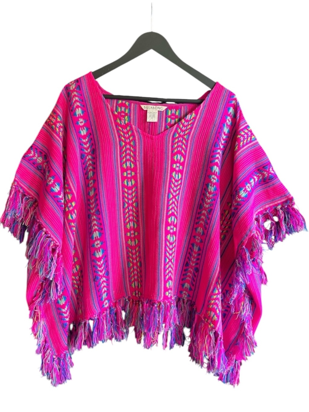 Billabong Pink Boho Poncho Sweater Fringe Southwestern Festival Top M/L